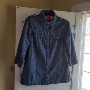 Denim Button Down 3/4 Sleeve Shirt Top Chambray